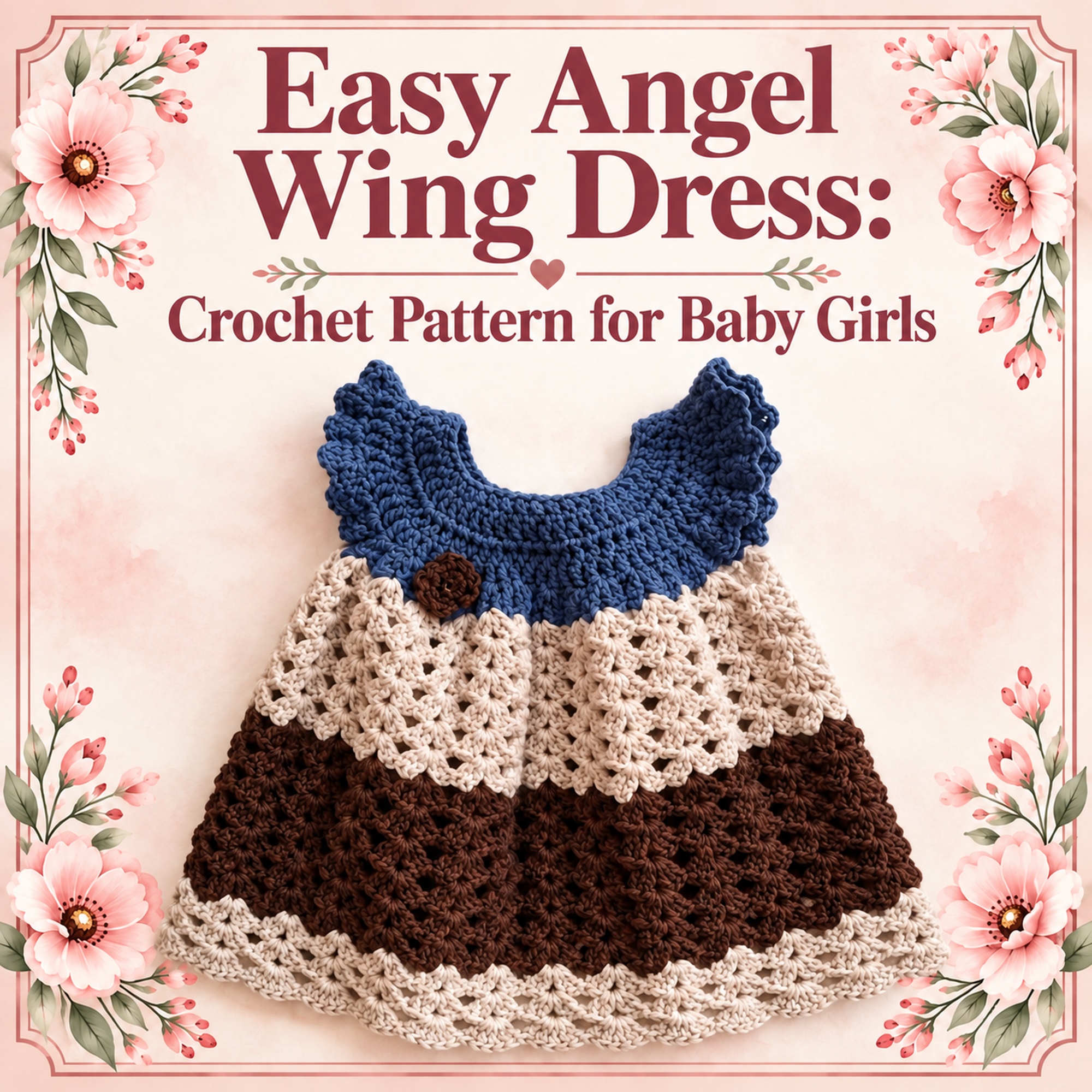 Easy Angel Wing Dress in blue, cream and brown stripes with a small brown flower at the yoke, with the pattern title above it