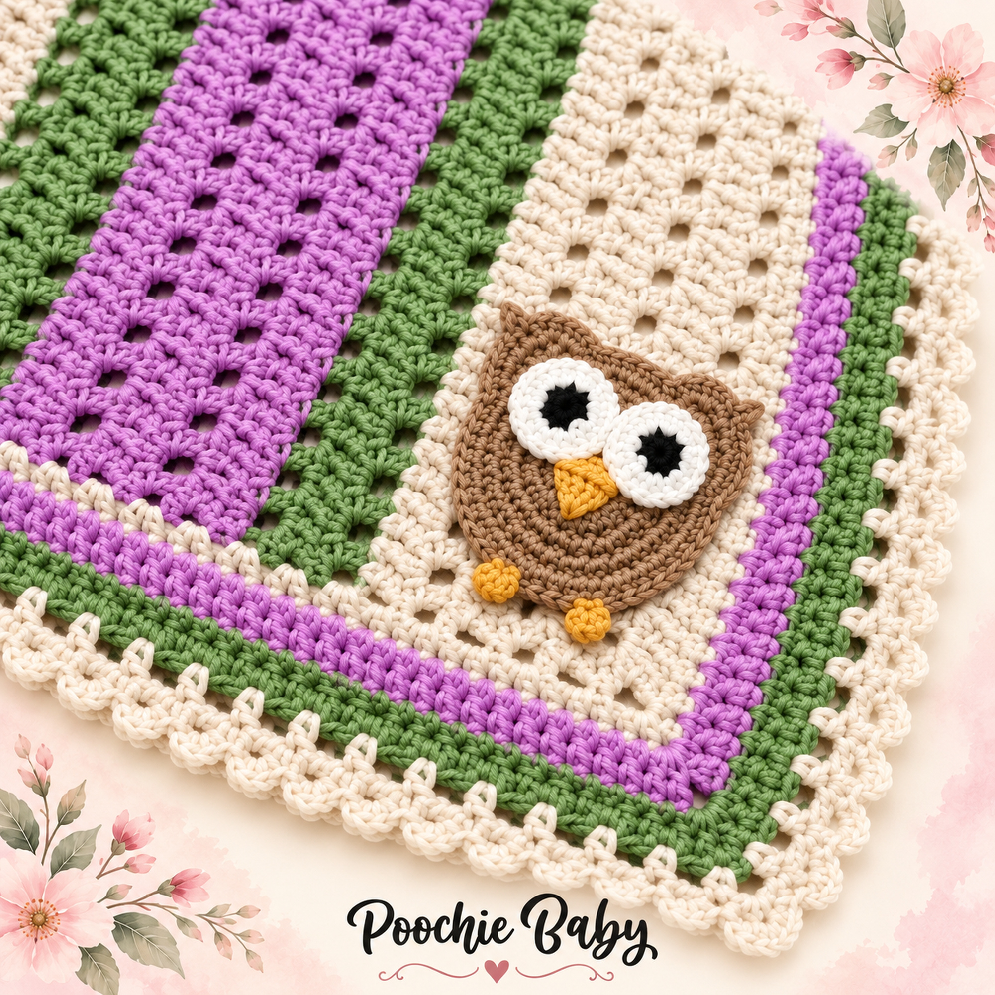 Big Eyed Owl Blanket in purple, green and cream stripes with a big-eyed brown owl appliqué and cream looped border, with the Poochie Baby logo