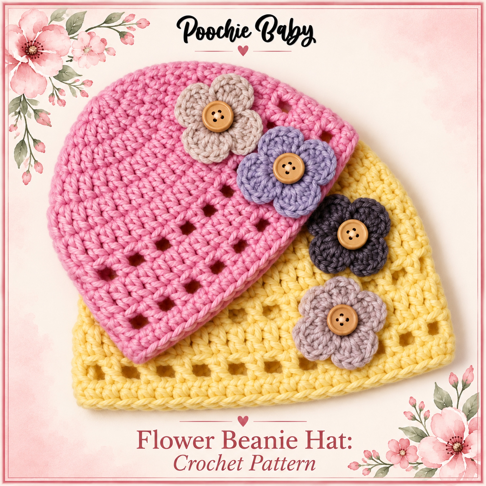 Pink and yellow crocheted Flower Beanie Hats with flower appliqués and button centers
