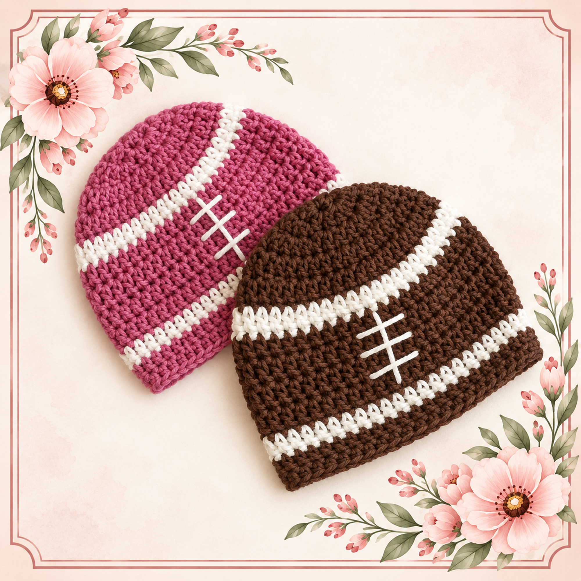Crochet Football Beanie Hats in pink and classic football brown with white stripes and stitched football laces