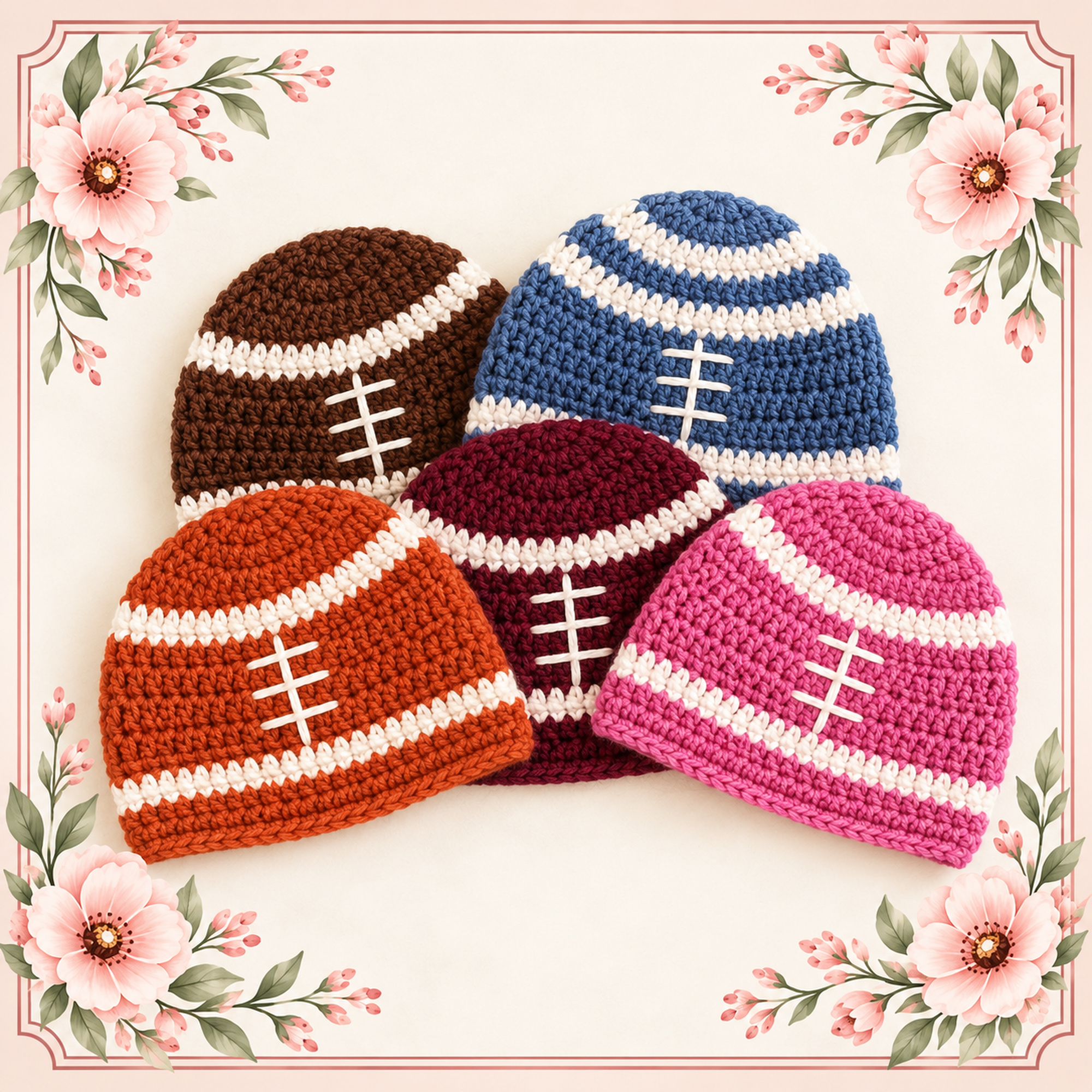 Five crochet Football Beanie Hats in brown, blue, burgundy, orange and pink, each with white stripes and stitched football laces