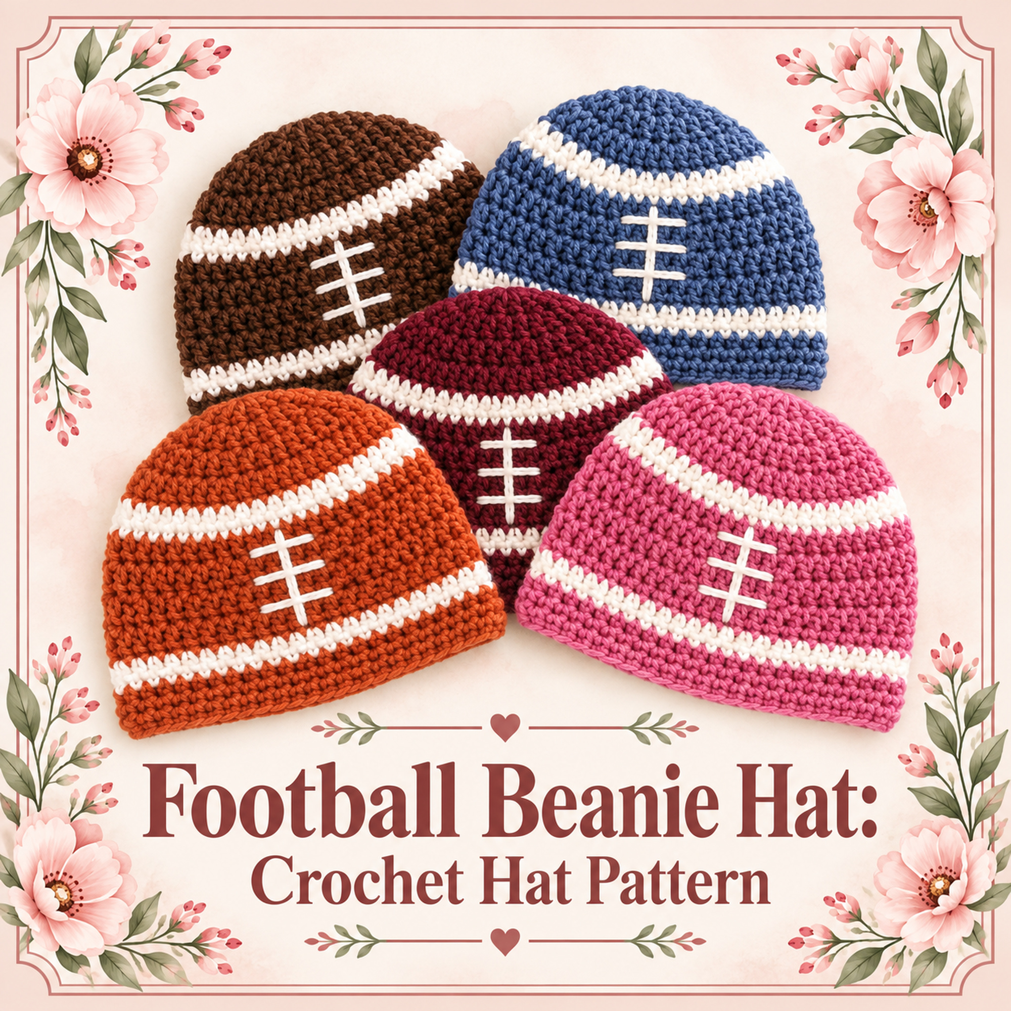 Five crochet Football Beanie Hats in brown, blue, burgundy, orange and pink, with the Football Beanie Hat pattern title below them