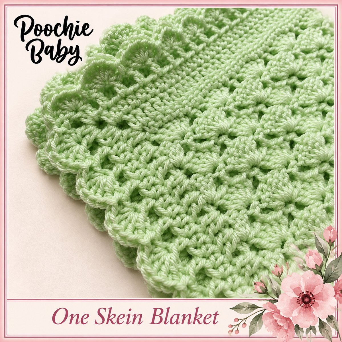 Close-up of the mint-green One Skein Blanket showing its shell stitches and scalloped edge