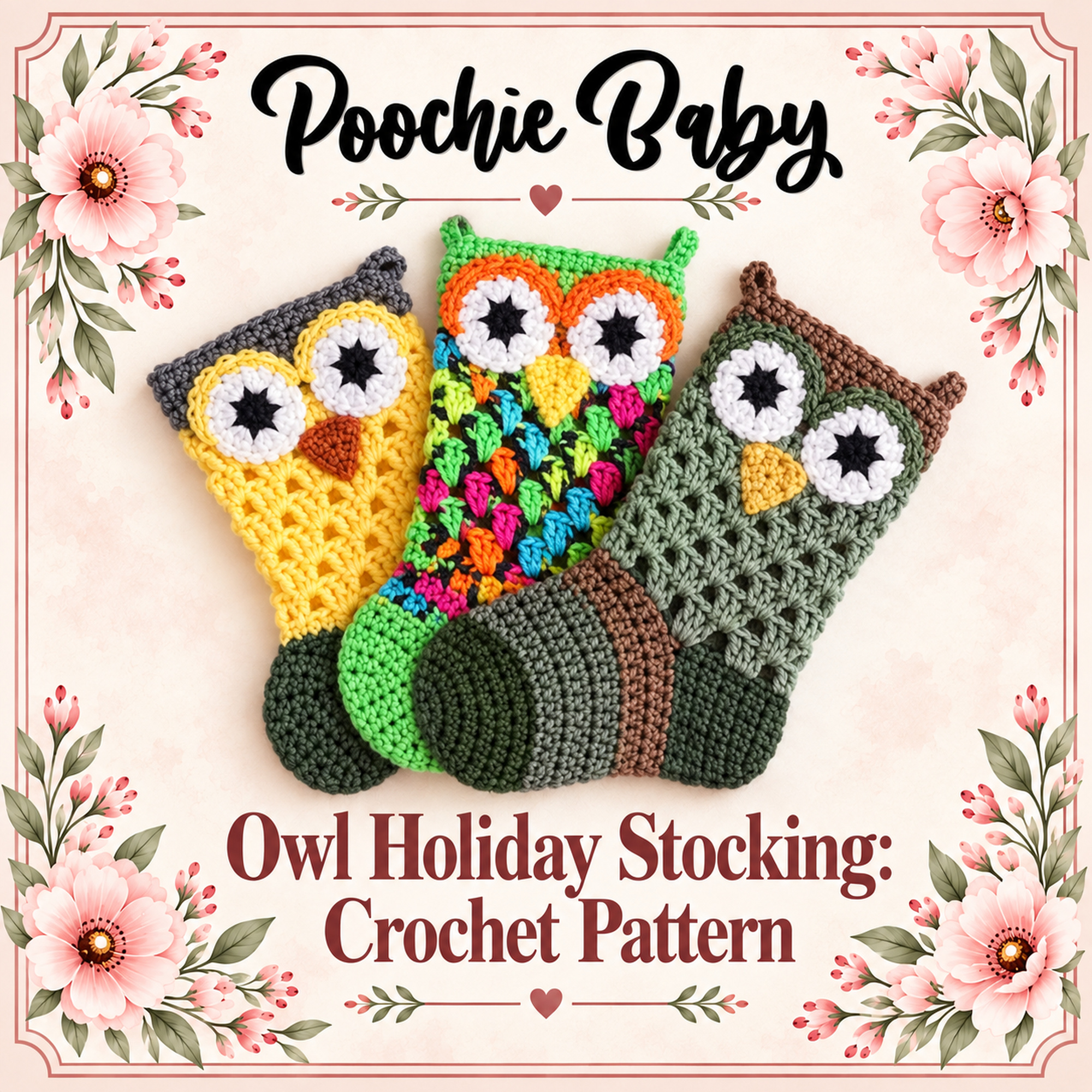 Three crochet Owl Holiday Stockings in yellow, bright multicolor and sage green, each with big owl eyes and a little beak, with the Owl Holiday Stocking pattern title below them